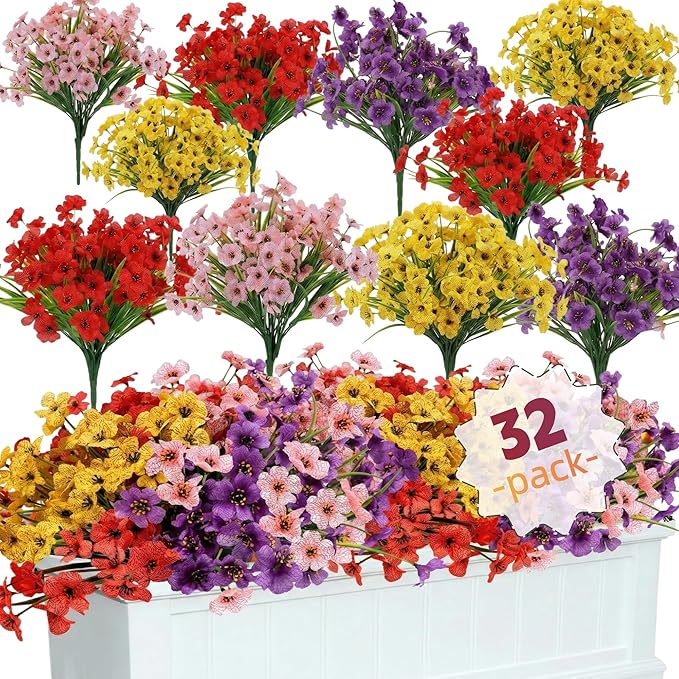 Geegoods Artificial Mums Flowers for Outdoors, 32 Bundles UV Resistant Fake Plastic Colorful Mix Flowers for Patio Porch Spring Summer Decor
