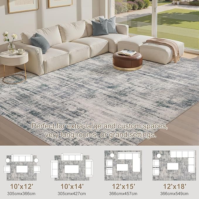 UERMEI 10x14 Washable Area Rug for Living Room: Modern Neutral Abstract Large Soft Low Pile Carpet Non-Slip Pet Kids Friendly Indoor Decor for Bedroom Dining Room Home Office Nursery Gray