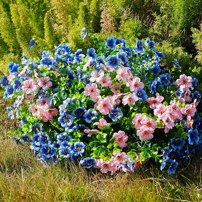 trytuny Artificial Flowers for Outdoor, UV Resistant Fake Silk Flowers, Realistic Faux Plants for Outside Indoor Porch Patio Window Box Planter Home Decor (20, Blue)