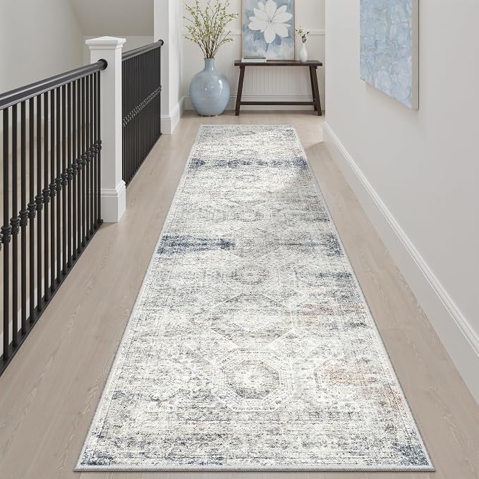 Soalmost Runner Rug 2x8 Washable Non-Slip Hallway Runner Rugs for Kitchen Bathroom Laundry Room Blue Ivory Vintage Floor Carpet Runners for Hallways Entryway