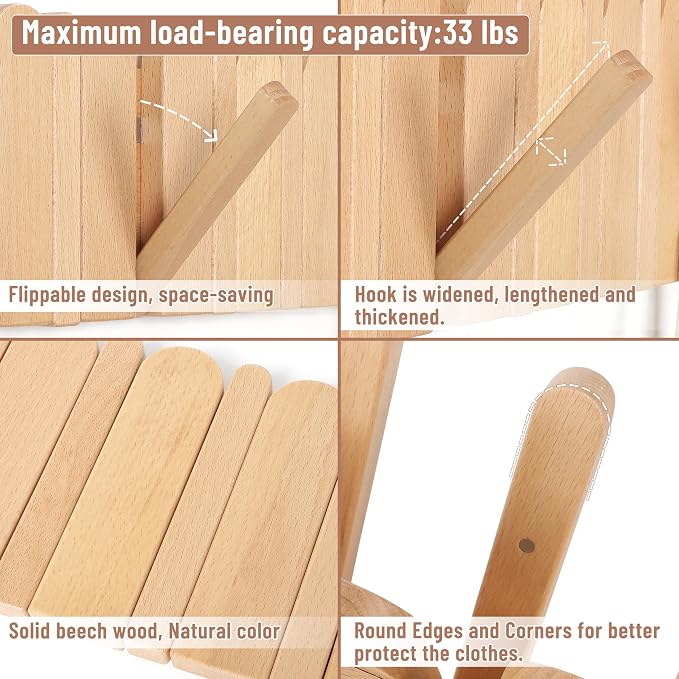 Wall Coat Rack for Entryway: Wooden Modern Heavy Duty 8 Hooks 21.6'' Retractable Wall Mounted for Boho Home Decor Hallway Bathroom Bedroom for Hanging Jacket Towel Backpack Bag