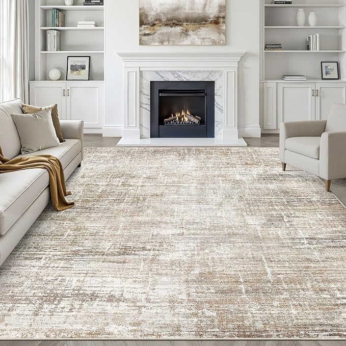 7x10 Area Rug Living Room: Washable Large Neutral Rug Abstract Soft Modern Stain Resistant Indoor Floor Non-Slip Carpet for Bedroom Nursery Kids Office Playroom Dining Room Under Table- Dark Brown