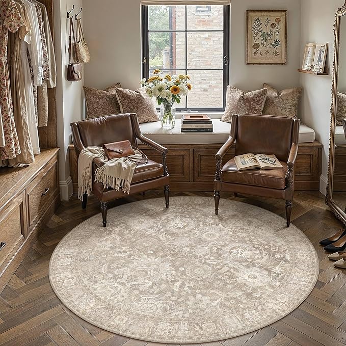 HUGEAR 6x6 Round Rugs Beige Washable Rug for Living Room Bedroom Large Neutral Vintage Rug Carpet Distressed Soft Durable Non Slip No Shedding for Indoor Dining Nursery Farmhouse