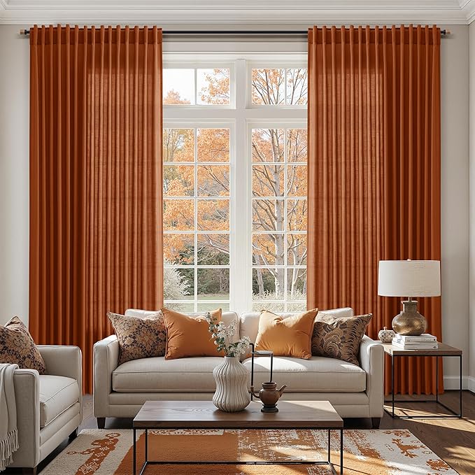 Nanspring Rust Linen Curtains 84 Inch Length 2 Panels Set for Living Room Light Filtering Semi Sheer Curtain Back Tab Rod Pocket Vintage Rustic Luxury Home Decor Drapes for Bedroom Office 52x84