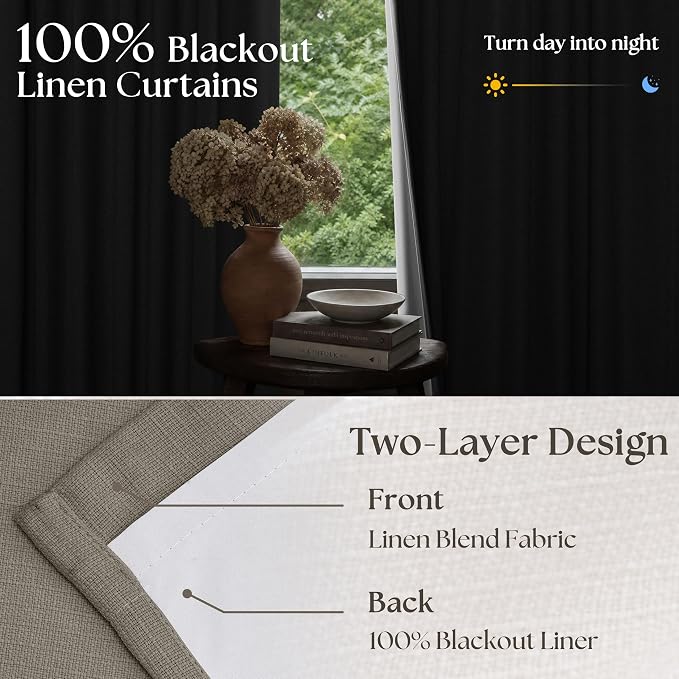 Flax Taupe Pinch Pleated Blackout Curtains 102 Inches Long for Bedroom 100% Black Out Thick Linen Dual Layer Pleated Drapes Farmhouse Country Brownish Gray 102 Inch Curtain for Dining Living Room