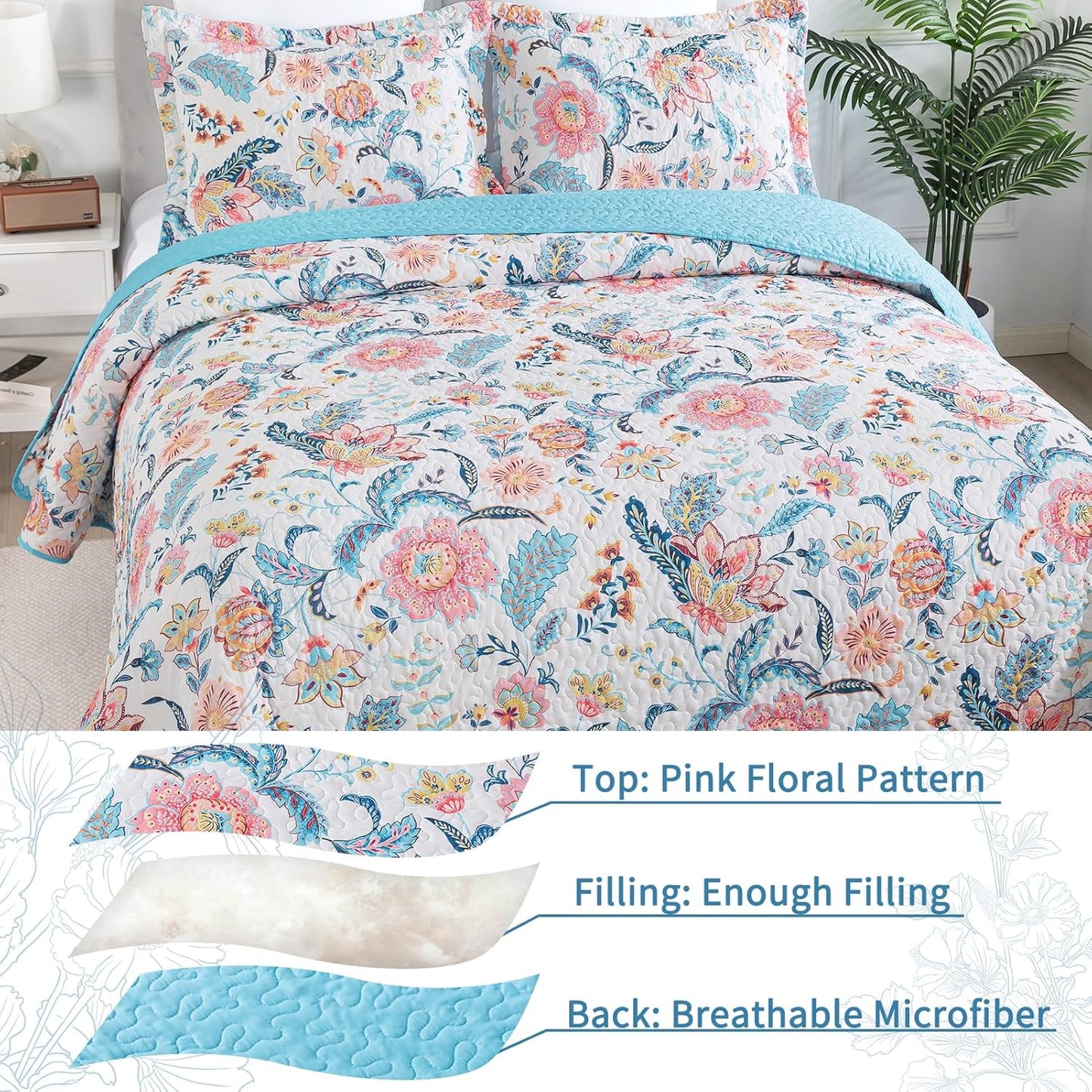 VAPUTAR Garden Queen Size Quilt Bedding Set for Adults - Farmhouse Queen Bedspread (90 x 98 inch) with 2 Pillow Shams - Lightweight Reversible Coverlet Quilt for Bedroom, 3 Pieces