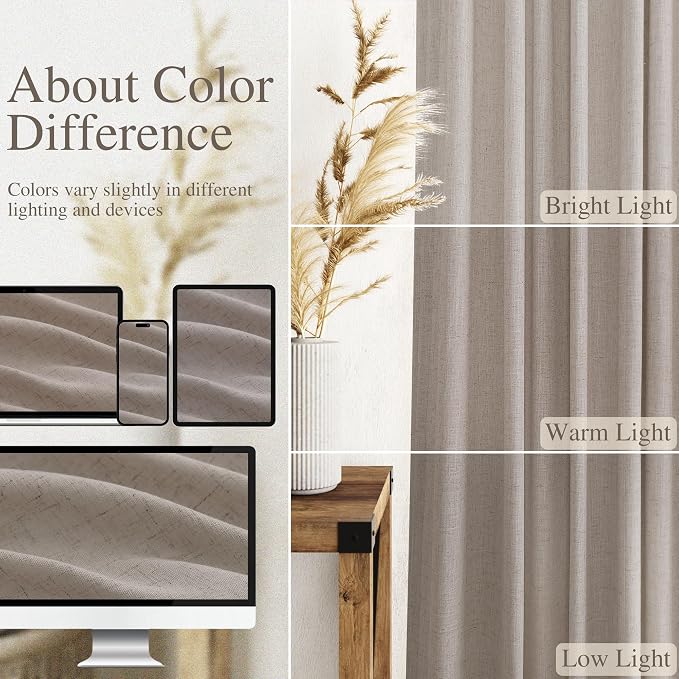 Nanspring Stone Beige Linen Curtains 84 Inches Long for Living Room Light Filtering Semi Sheer Curtain Back Tab Simple Modern Elegant Farmhouse Luxury Drapes for Bedroom Office 52x84,2 Panels