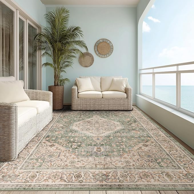 Ruaruarug Washable Area Rug 8x10 for Living Room, Bedroom, Ultra Soft Non Slip Stain & Fade Resistant, Pet & Kids Friendly, Suitable for High Traffic Areas Easy to Clean for Office Kitchen, Celadon