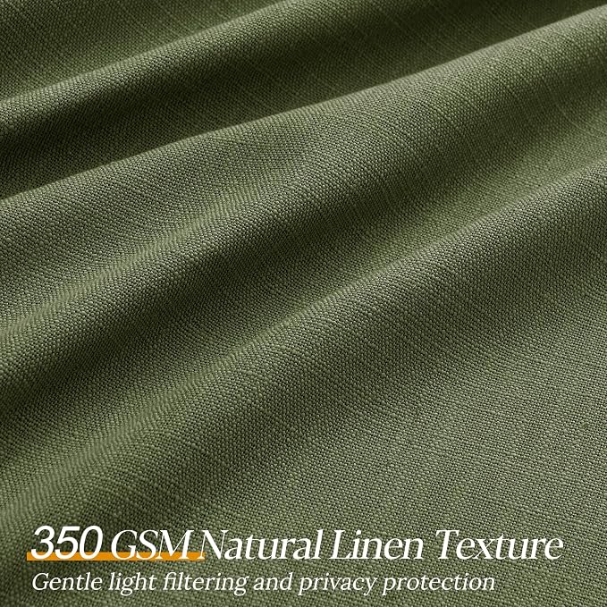 Olive Green Pleated Linen Curtains 96 Inches Long for Living Dining Room Bedroom Light Filtering Boho Window Drapes 2 Panels with Hooks Rings Clips Sliding Glass Door Semi Sheer Curtain Pinch Pleat