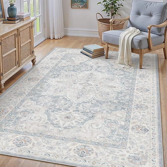 HUGEAR 3x5 Washable Area Rugs for Living Room Bedroom Blue Vintage Large Soft Carpet Rug Non-Shedding & Non-Slip Low Pile Indoor Home Decor Dining Room Kitchen Office Floor Mat