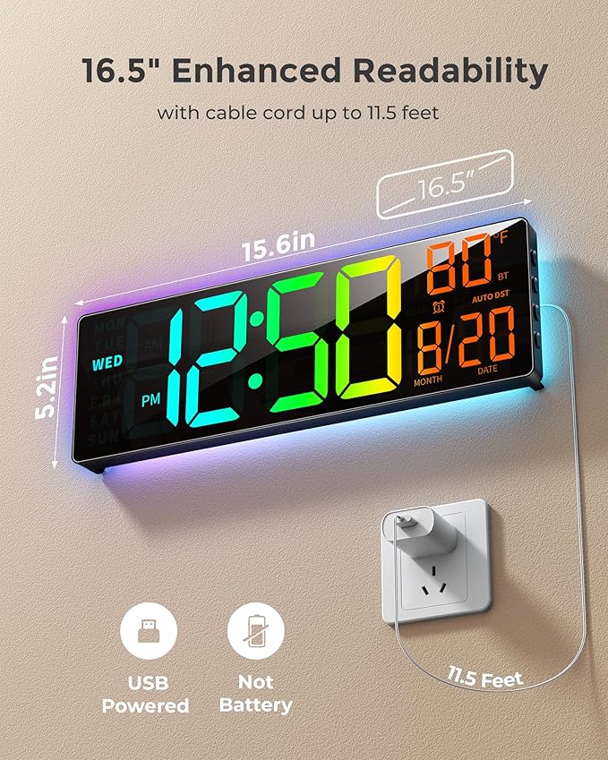 EASYERA 16.5" Large Digital Wall Clock with BT Sync, RGB Lights with 11 Scenes Mode Remote Control, Big LED Clock with Dual Alarms, Auto DST, Temperature for Classroom Gaming