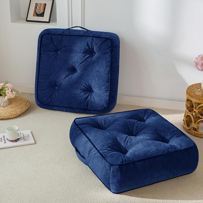 HIGOGOGO 6" Extra Thick Floor Pillow Cushion for Adults, Meditation Cushion Pillow with Handle, Lustrous Chenille Tufted, Square Floor Sitting for Tatami Living Room or Yoga, 22x22 Inch, 2Pack, Navy
