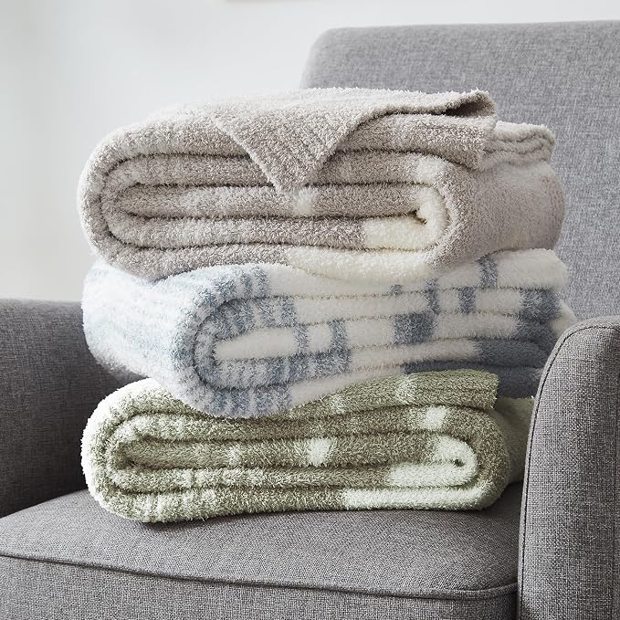 WRENSONGE Soft Twin Blanket for Bed-Cozy Warm Reversible Knitted Blankets | Lightweight Fluffy Decor for Women, Mom, Her & Girls, Sofa, Chair, Couch, 60x80in,Sage Green Stripe