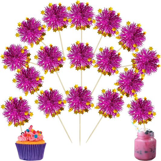 Ephlyn 30Pcs Foil Firework Cupcake Toppers Party Birthday Cake Toppers Supplies Sparkle Tinsel Cocktail Fruit Toothpick for Birthday Wedding Graduation Party Purple