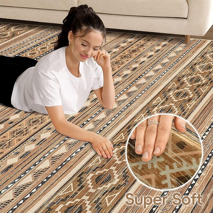 cotiled 5x8 Area Rug Living Room: Washable Boho Rugs with Non Slip Backing Large Soft Indoor Stain Resistant Carpet for Bedroom Farmhouse Dining Room Lightweight Home Decor Brown/Beige