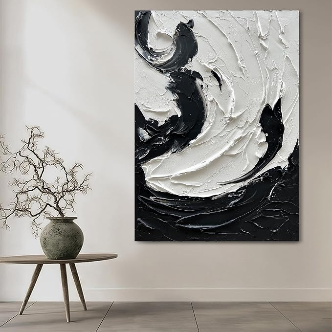 NANKAI Art 40x28 inches Hand-Painted Modern Wall Decorative Oil Painting Minimalist Style Art Black and White Abstract Thick Texture Painting Home Wall Decorative Painting