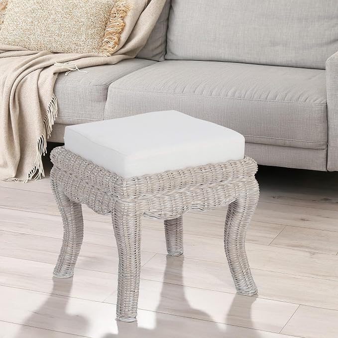 JONATHAN Y Rowan Woven Rattan Vanity Stool with White Cushion, 18.5" Coastal Backless Makeup Chair for Bedroom & Bathroom, Gray White Wash Mango Wood Wicker Ottoman Footrest VSL1000C