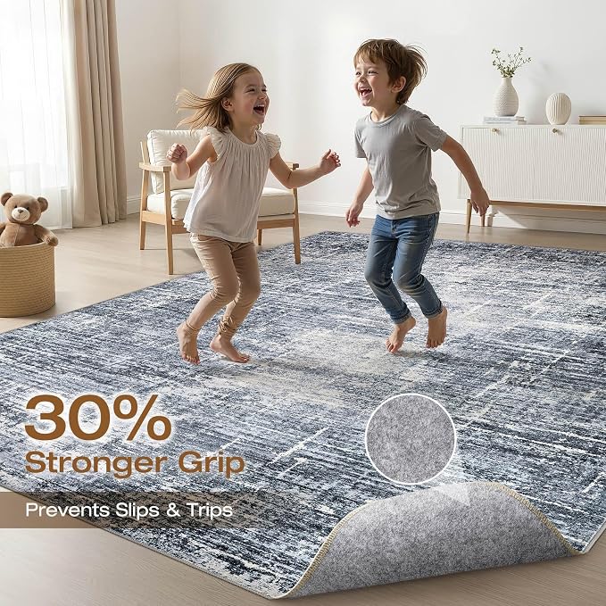 10x12 Area Rug Living Room: Washable Large Neutral Navy Rug Abstract Soft Modern Stain Resistant Indoor Floor Non-Slip Carpet for Bedroom Nursery Kids Office Playroom Dining Room Under Table Home