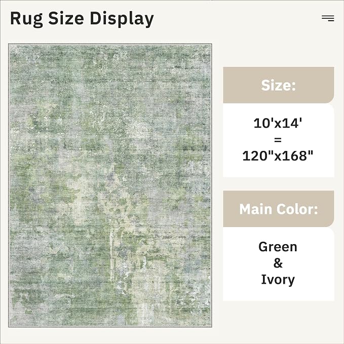 Soalmost 10x14 Area Rugs for Living Room, Non Slip Machine Washable Vintage Rugs, Low Pile Lightweight Large Rug for Bedroom, Dining Room, Home Office Green/Ivory
