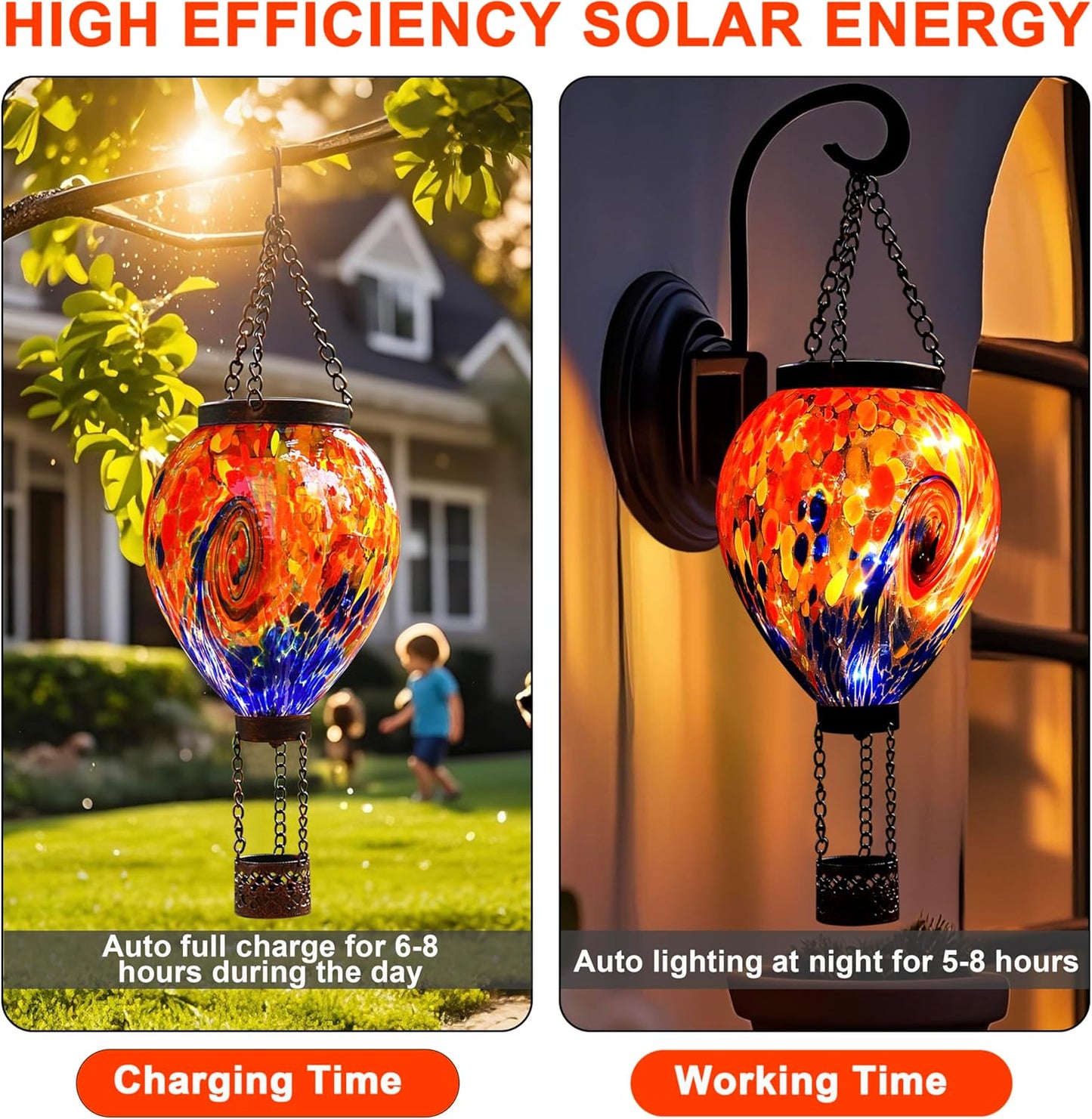VOREEN Solar Hot Air Balloon Light – Hand Blown Colorful Glass Outdoor Hanging Lantern, Waterproof Decorative Garden Lighting, Gift for Mom Wife Friend Backyard Patio Decor