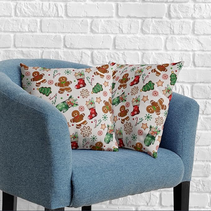 Christmas Pillow Covers 16x16 Set of 2 Gingerbread Man Throw Pillow Covers Xmas Tree Socks Gloves Snowflakes Pillow Case for Holiday Decor Couch Sofa