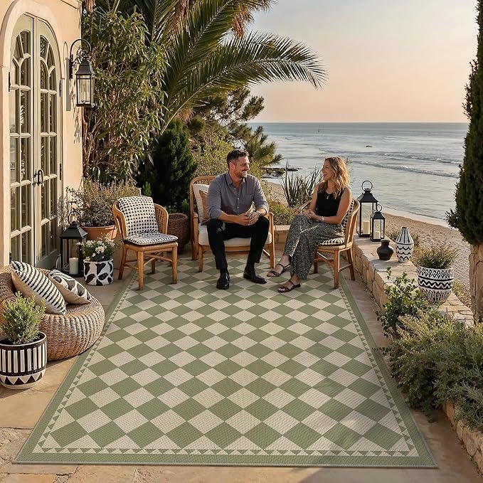 HUGEAR 6'x9' Green Outdoor Rug Waterproof Patio Linen-Look Checkered Outside Floor Mat Carpet for Deck Porch Balcony Backyard Camping RV Picnic Beach Area Rug Home Decor