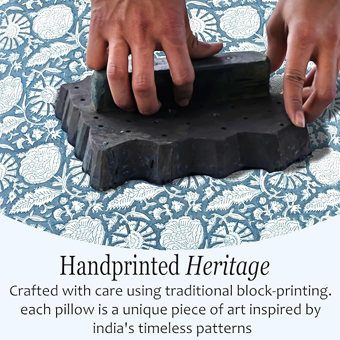 CPC Blue Meadow Hand Block Print 100% Cotton Ruffle Throw Pillow Cover 20x20 inch with Hidden Zipper Decorative for Couch, Bed, Sofa, Farmhouse, Cottagecore Decor Gift Christmas Fall Thanksgiving