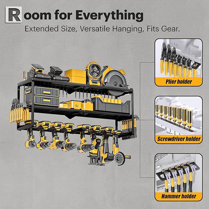 Spampur Power Tool Organizer Wall Mount, 15 Min Assembly & Maximum 100lb load by Heavy Duty Metal, 8 Drill Holder, 3 Layers Garage organization and Storage Rack, Tool Shelf With Battery Holder