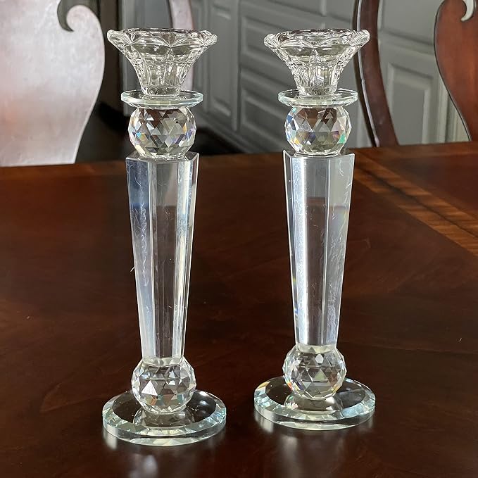 Allgala Set of 2 Crystal Glass Made Reverse Tapered Pillar and Hand Crafted Ball Candlesticks-10-HD89152