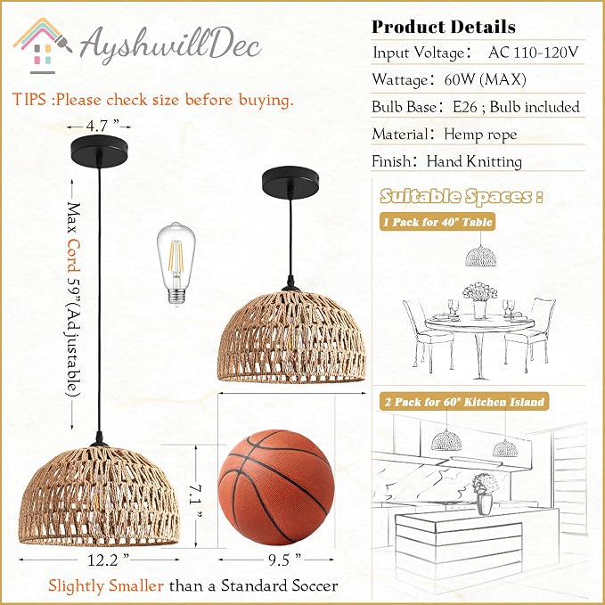 2 Pack Hemp Rope Woven Pendant Light Woven Light Fixture Boho Chandelier Light Fixture Wicker Pendant Lights Rattan Dome Wicker Chandelier for Dining Room Kitchen Island (Bulb Incl.