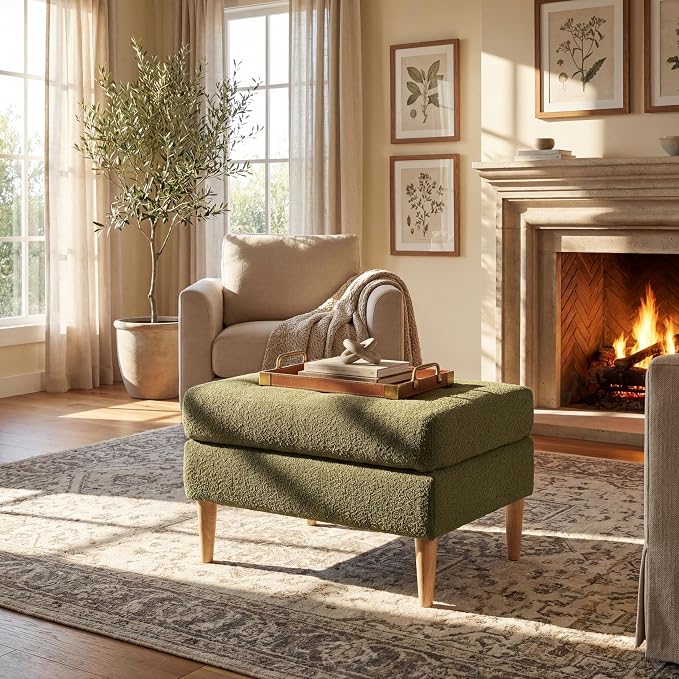 Christopher Knight Home Dalla Boucle Upholstered Ottoman Coffee Table, Small Living Room Sofa Footrest, Wooden Rectangular Ottoman Footstool, Guest Extra Seat, Olive Green