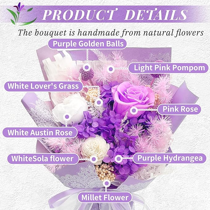 VTJMB Flowers for Delivery Prime, Preserved Flower Bouquet with Box, Birthday Dried Flowers Gift for Women, Mothers Day Gifts for Mom, Wife, Grandma, Friends