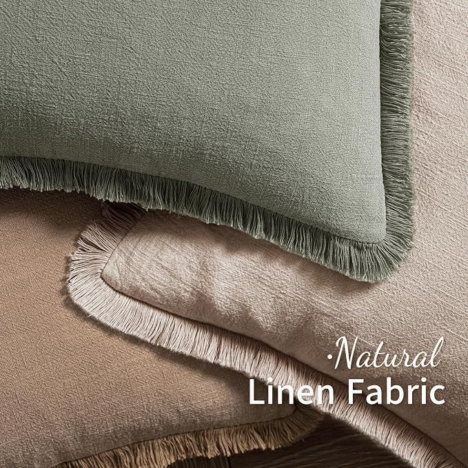 MIULEE Decorative Lumbar Throw Pillow Covers Neutral Linen Fringe Throw Pillows Set of 2 Natural Linen Boho Farmhouse Cushion Covers for Couch Sofa Bed Living Room Spring Home Decor 12x20 Inch