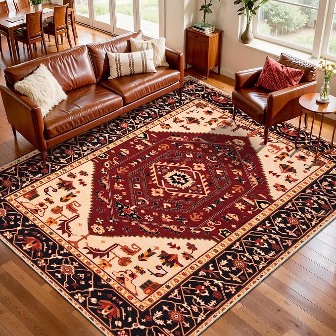 SERISSA 5x7 Boho Area Rug, Washable Non-Slip Rugs for Living Room, Large Red Black Rug Ultra Soft Vintage Oriental Print Distressed Carpet for Bedroom Dining Room Dorm Office Home Decor