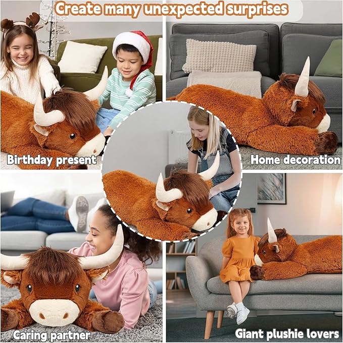 39 Inch Giant Highland Cow Stuffed Animal, Big Cattle Plushie Toy for Kids & Adults, Fluffy Large Size Stuffed Cow Hugging Pillow Gifts for Birthday Christmas