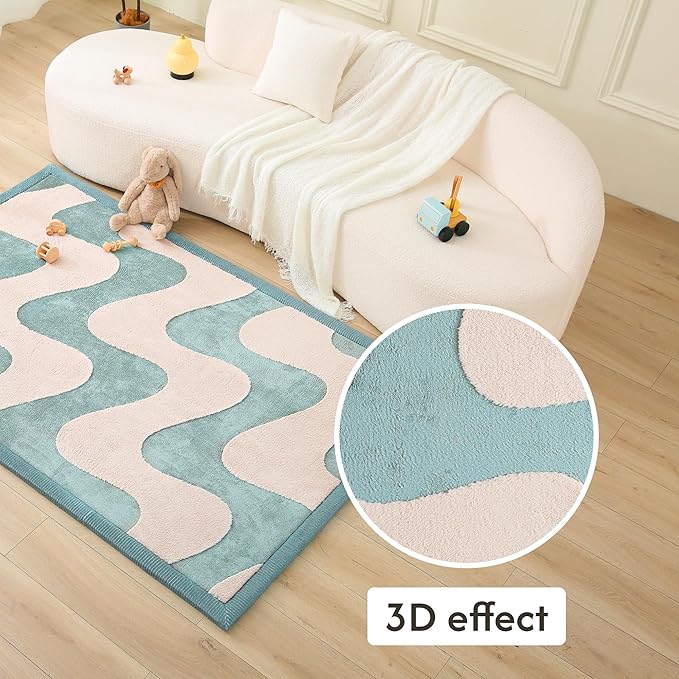 Hakuna Matte CloudRise Baby Play Mat for Floor 60" x 80" Waves – Coral Velvet Memory Foam Rug for Crawling & Cozy Play – Non-Slip, Water-Resistant, Easy-CareTummy Time Mat, Playmat for Playpen