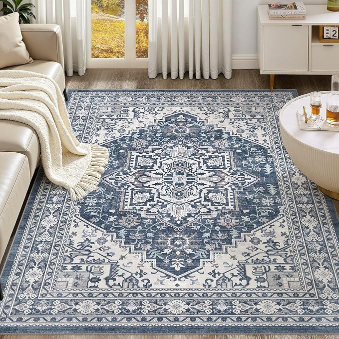 UERMEI 10x12 Area Rug for Living Room - Washable Vintage Carpet, Non-Slip Soft Large Indoor Floor Rugs for Bedroom Home Office & Under Dining Table Decor, Denim Blue/White