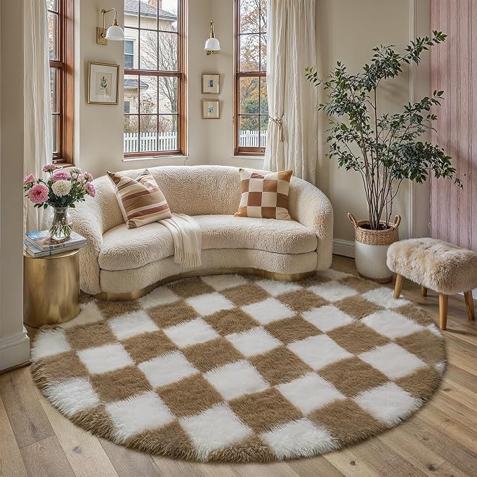 PureCozy 5x5 Round Rugs for Living Room Brown Soft Shag Checkered Rug Modern Washable Indoor Office Fuzzy Carpet Non-Slip Fluffy Rugs for Bedroom Nursery Dorm Playroom Home Aesthetic Decor