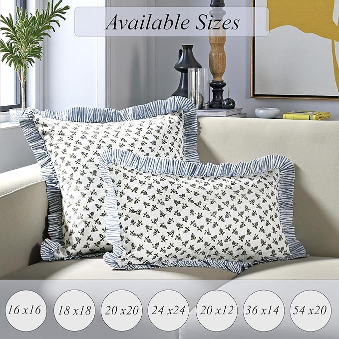 Ridhi Block Print Baby Blossoms Throw Pillow Cover 24" x 24" (Pack of 2) Decorative Cushion Covers with Ruffle for Couch, Sofa, Bed, Living Room, Home Decor Gift for Spring, Easter, Valentine