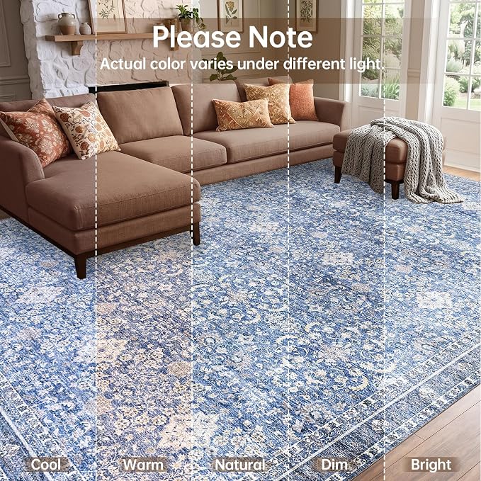 Sasttie Round Rugs 8ft, Ultra-Soft Washable Circle Rug, Low Pile Foldable Thin Carpets with Non-Slip Backing, Skin-Friendly Stain Resistant Carpet for Living Room, Bedroom, Kitchen, Dorm, 8ft, Blue