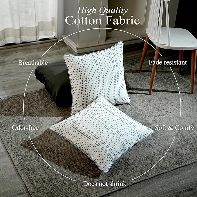 CPC 100% Cotton Throw Pillow Covers 24x24 Inch, Set of 2 Block Print Pattern Couch Pillow with Hidden Zipper, in Collabaration with Southern Source- Misty Grey Trelis