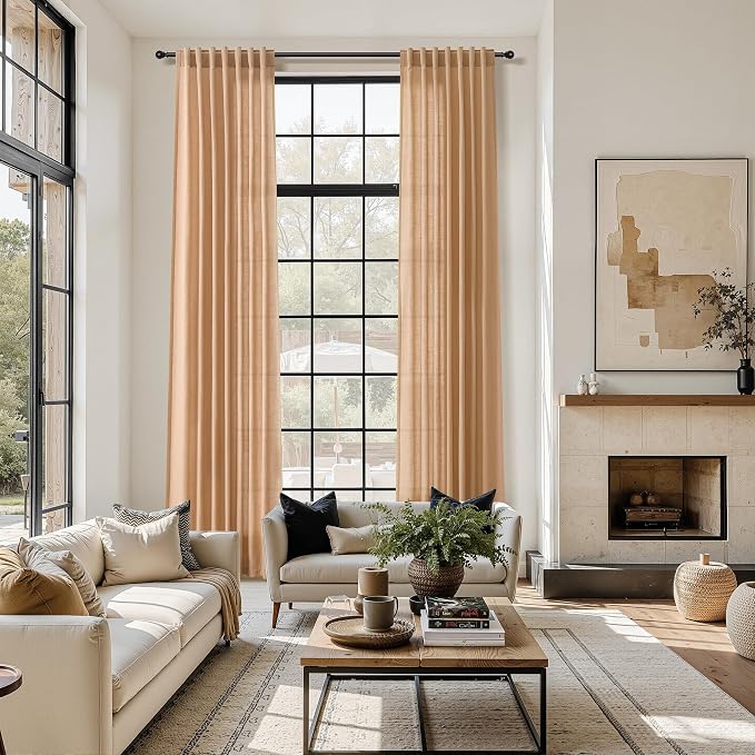 Nanspring Camel Linen Curtains for Living Room 98 Inches Long Back Tab and Rod Pocket Light Filtering Semi Sheer Vintage Rustic Curtain Luxury Boho Decor Drapes for Bedroom Office 52x98, 2 Panels