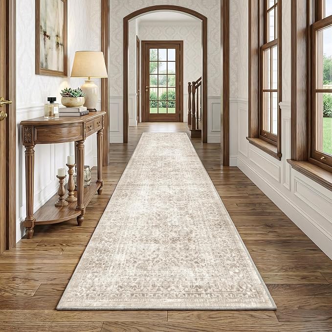 FMFUNCTEX 3x10 Runner Rug Beige Washable Vintage Neutral Distressed Non Slip Low Pile Indoor Carpet Soft Retro Floral Hallway Entryway Rug for Kitchen Living Room Bedroom Bathroom Laundry Bedside