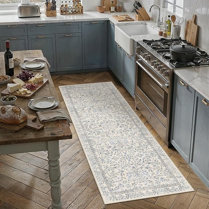 PureCozy 2x5 Blue Area Rug for Kitchen Washable Vintage Floral Carpet Low Pile Non Slip Botanical Aesthetic Soft Accent Throw Rug Entrance Bathroom Bedroom Nursery Office Indoor