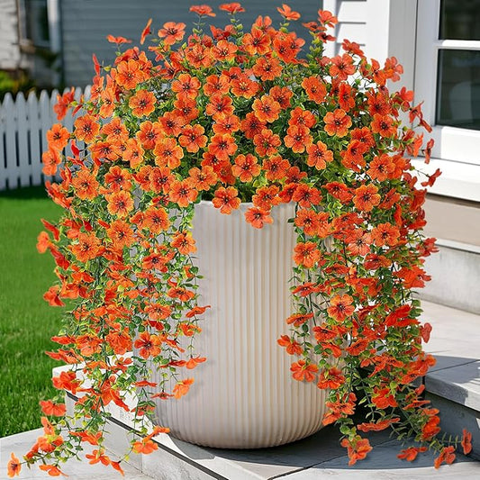 Ammyoo Artificial Hanging Flowers for Outdoors Fake Plants Decoration, 2 Packs Faux Silk Daisy Flower Realistic Outdoor Flowers UV Resistant Porch Patio Window Yard Indoor Spring Decor(Orange)