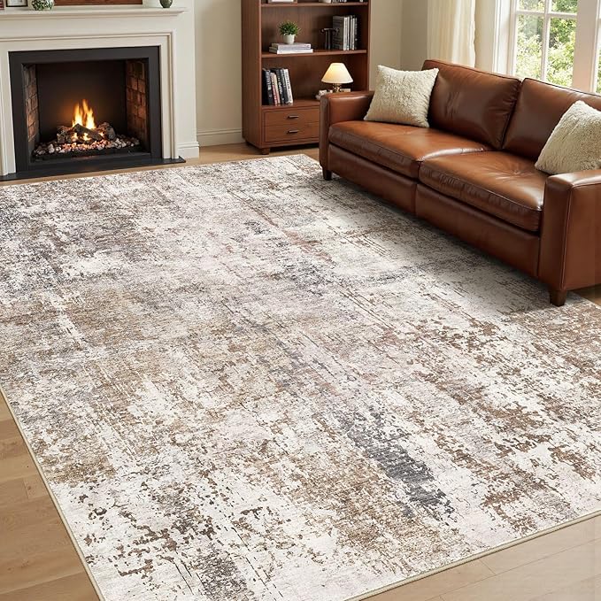 UERMEI Area Rug Living Room Rugs - Washable Neutral Modern Abstract Soft Thin Rug Indoor Floor No Slip Rug Carpet for Bedroom Under Dining Table Home Office Decor - Brown/Grey/Red - 9x12