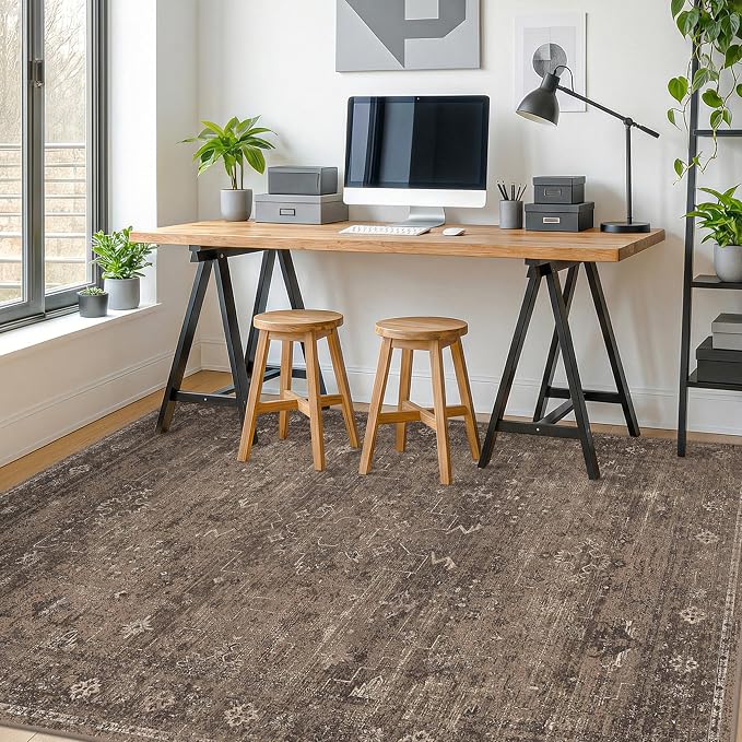 Modern Farmhouse 5x7 Area Rug for Home Office, Dark Neutral Smoky Brown Washable Rug with Vintage Distressed Design, Non-Slip Soft Carpet for Living Room Bedroom Dining Room
