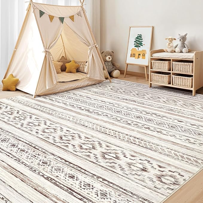 cotiled 6x9 Area Rug Living Room: Washable Boho Rugs with Non Slip Backing Large Soft Indoor Stain Resistant Carpet for Bedroom Farmhouse Dining Room Lightweight Home Decor Cream Brown