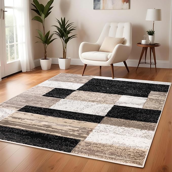 Superior Indoor Area Rug, Jute Backed, Modern Geometric Patchwork Floor Decor for Bedroom, Office, Living Room, Entryway, Kitchen, Hardwood Floors, Rockwood Collection, 5' x 5' Square, Ivory-Beige