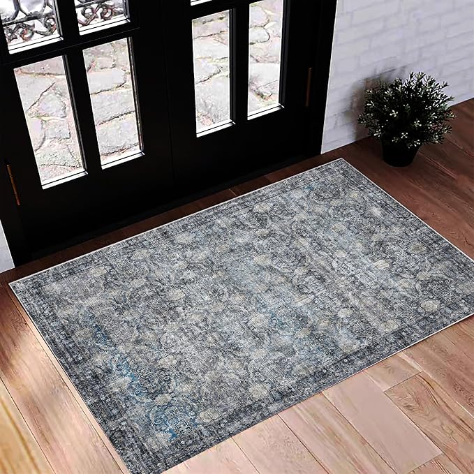 CHAMPLANT Washable Area Rug 2'x3' Door Mat Vintage Distressed Doormat Indoor Entrance Traditional Thin Rug Floral Print Non Slip Carpet for Kitchen Bathroom Bedroom Living Room